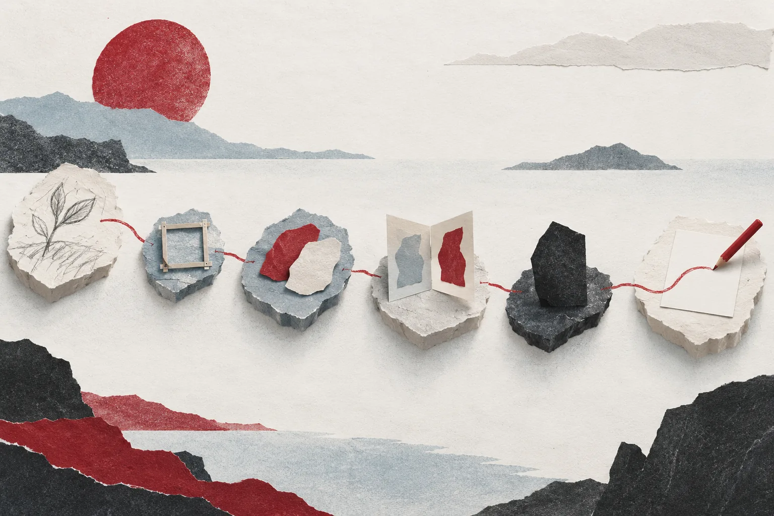 Papiercollage: Aus einzelnen Denkspuren entsteht eine zusammenhängende Lernsequenz.