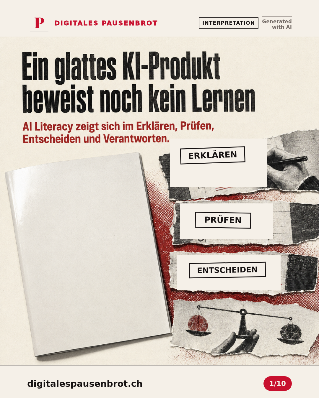 Ein glattes KI-Produkt steht vier sichtbaren Denkspuren gegenüber: erklären, prüfen, entscheiden und verantworten.