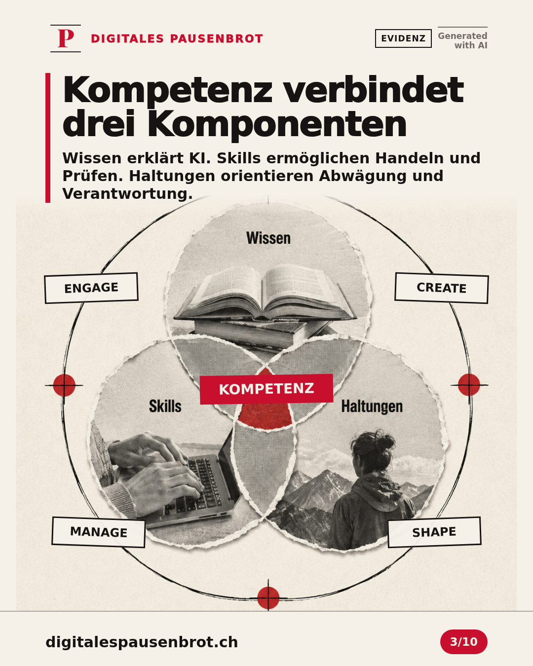 Wissen, Skills und Haltungen überschneiden sich zur Kompetenz; die vier Domänen bilden den Anwendungskontext.