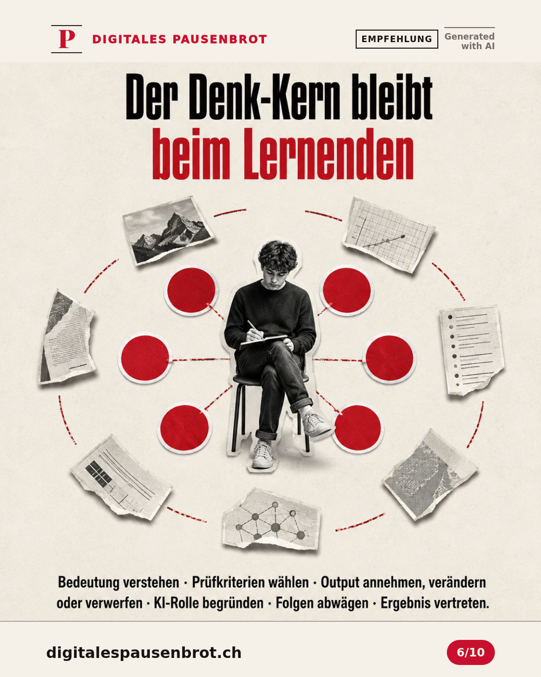 Sechs Denkhandlungen bleiben bei der lernenden Person; KI kann Material und Varianten liefern, sofern diese nicht selbst Lernziel sind.