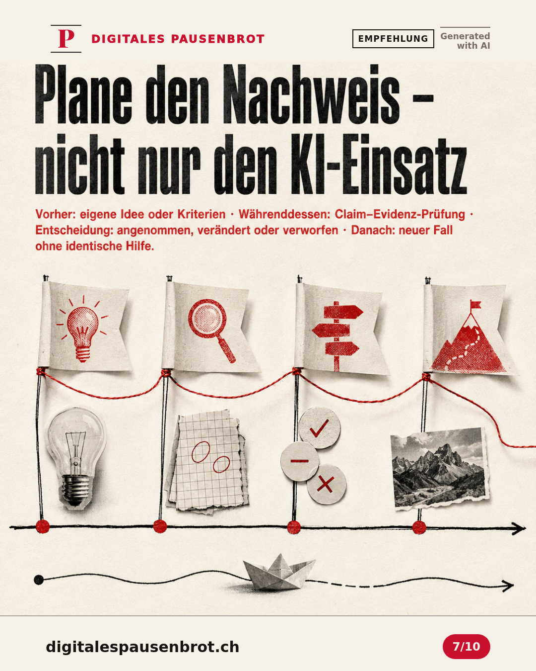 Eine Vier-Schritt-Spur verbindet Ausgangsidee, Evidenzprüfung, Entscheidungslog und Transferfall; das Endprodukt ist nur eine zusätzliche Spur.