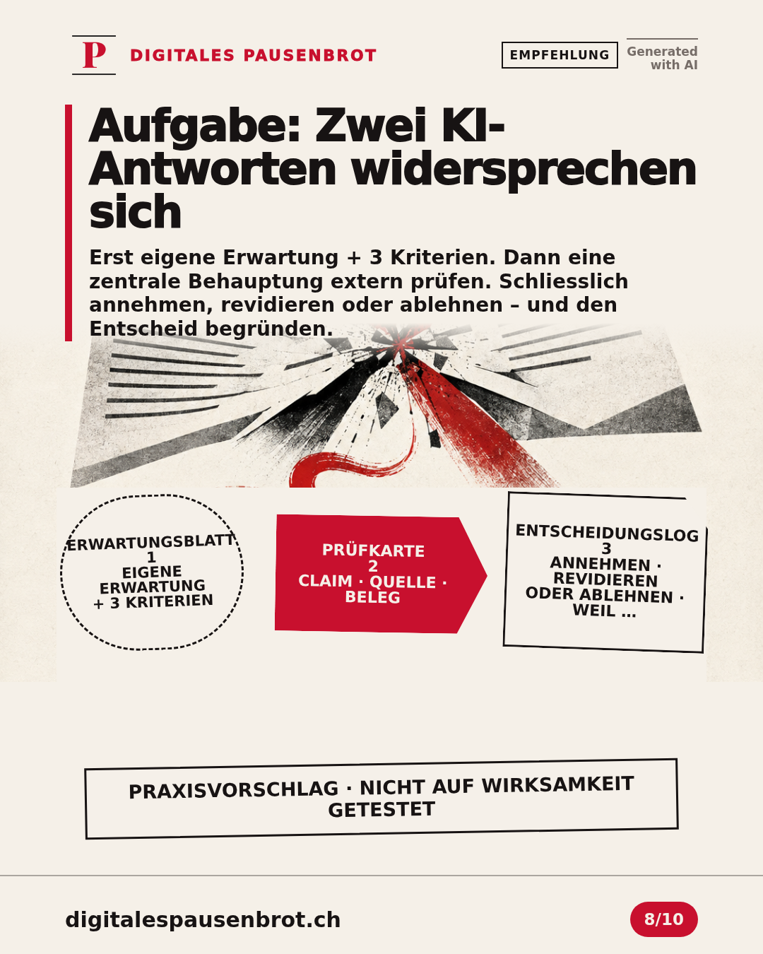 Zwei widersprüchliche KI-Antworten werden mit eigener Erwartung, drei Kriterien und externer Evidenz geprüft und begründet beurteilt.