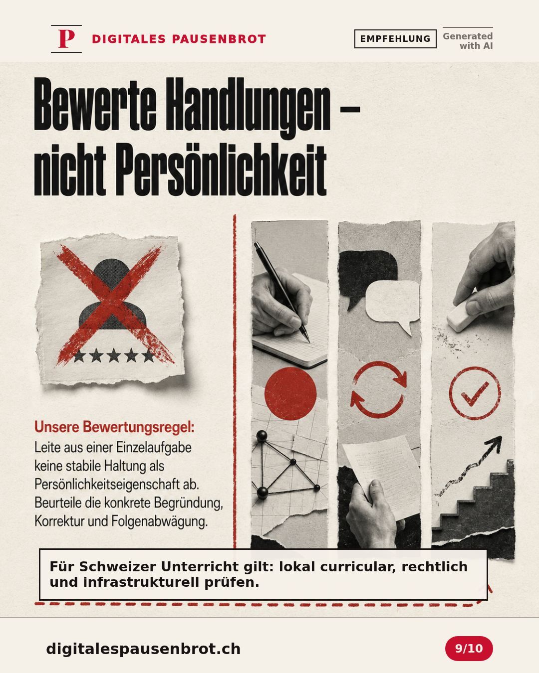 Eine Persönlichkeitsnote wird verworfen; sichtbar bewertet werden Begründung, Reaktion auf Gegenbelege und Fehlerkorrektur. Schweizer Transfer bleibt lokal zu prüfen.