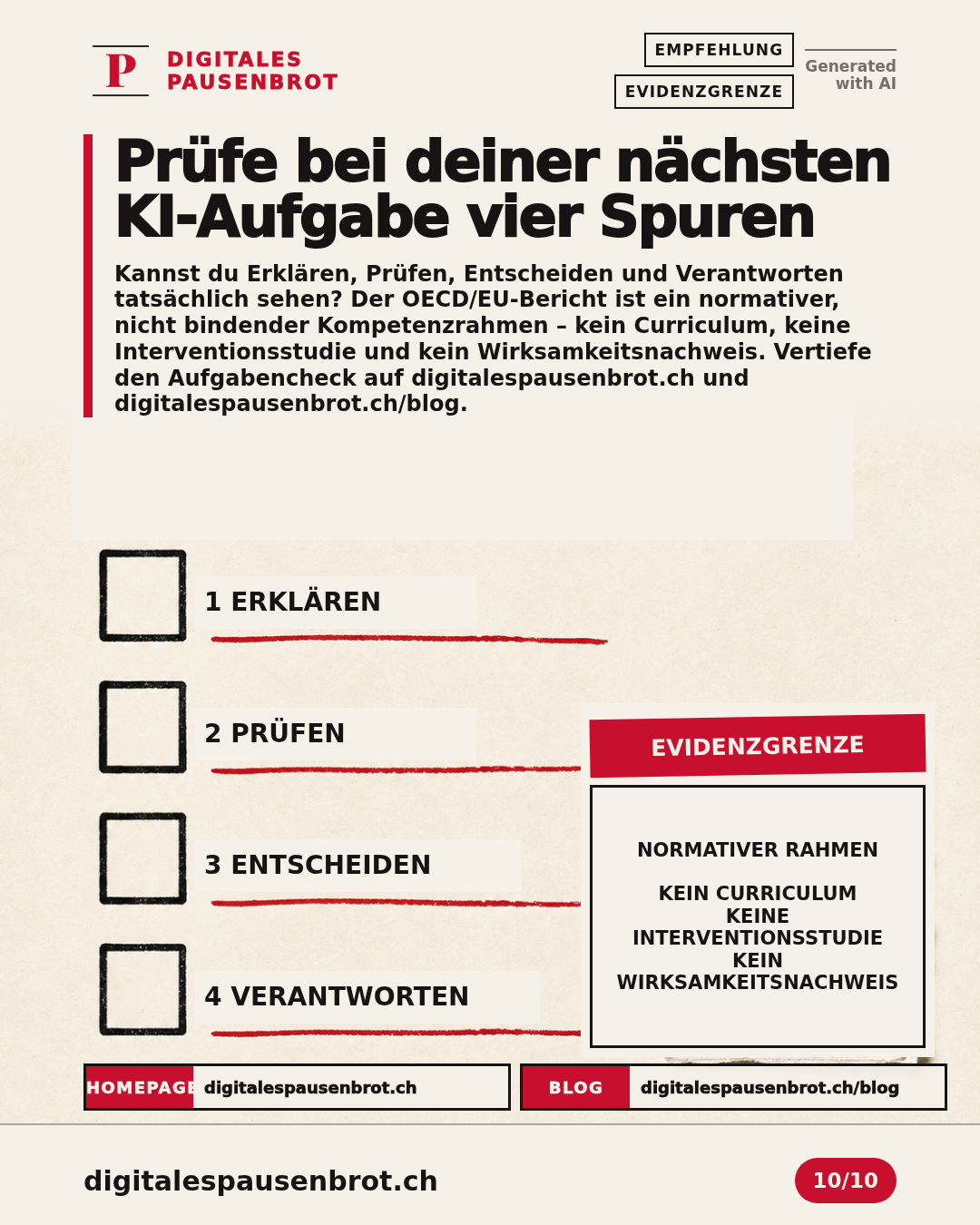 Vier Prüfkästchen fragen nach sichtbarem Erklären, Prüfen, Entscheiden und Verantworten; darunter stehen die Grenzen des OECD/EU-Rahmens.