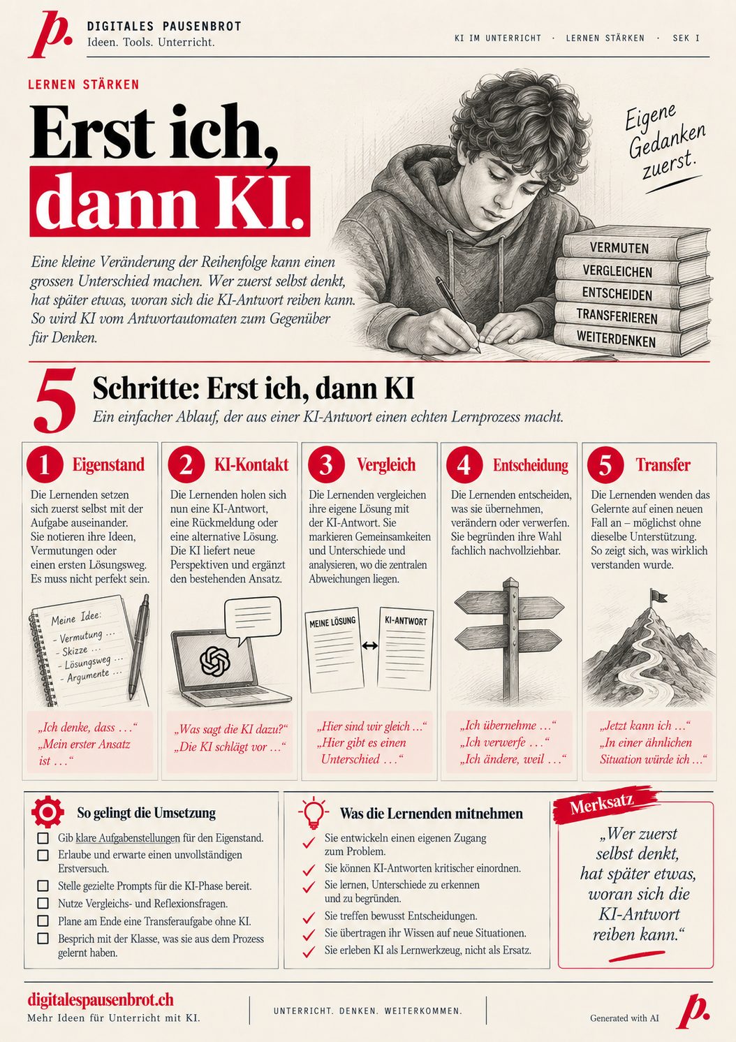 Infografik «Erst ich, dann KI» mit fünf Schritten: Eigenstand, KI-Kontakt, Vergleich, Entscheidung, Transfer, dazu Umsetzungstipps und Merksatz.