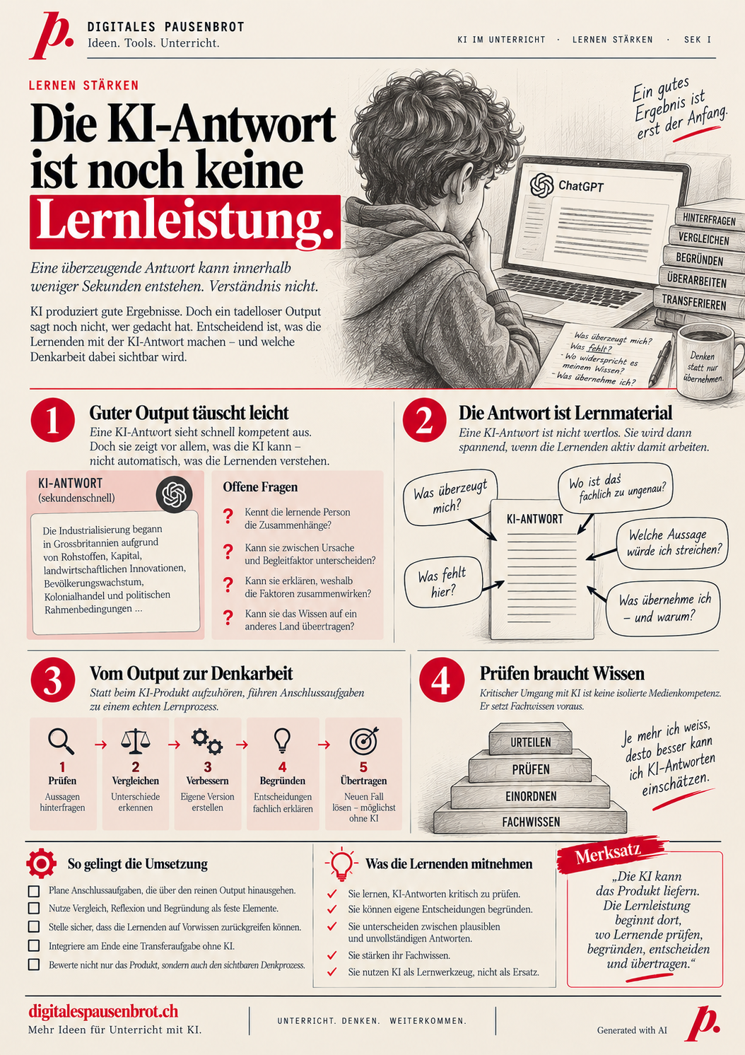 Infografik «Die KI-Antwort ist noch keine Lernleistung» mit vier Teilen: Guter Output täuscht leicht, Die Antwort ist Lernmaterial, Vom Output zur Denkarbeit, Prüfen braucht Wissen.