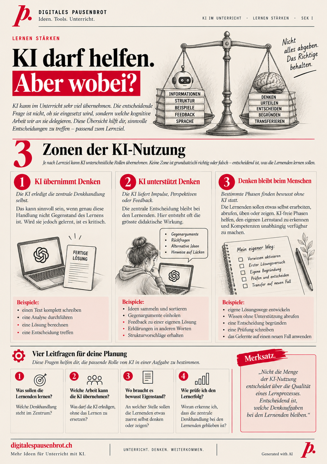 Infografik «KI darf helfen. Aber wobei?» mit drei Zonen der KI-Nutzung: KI übernimmt Denken, KI unterstützt Denken, Denken bleibt beim Menschen, sowie vier Leitfragen für die Planung.