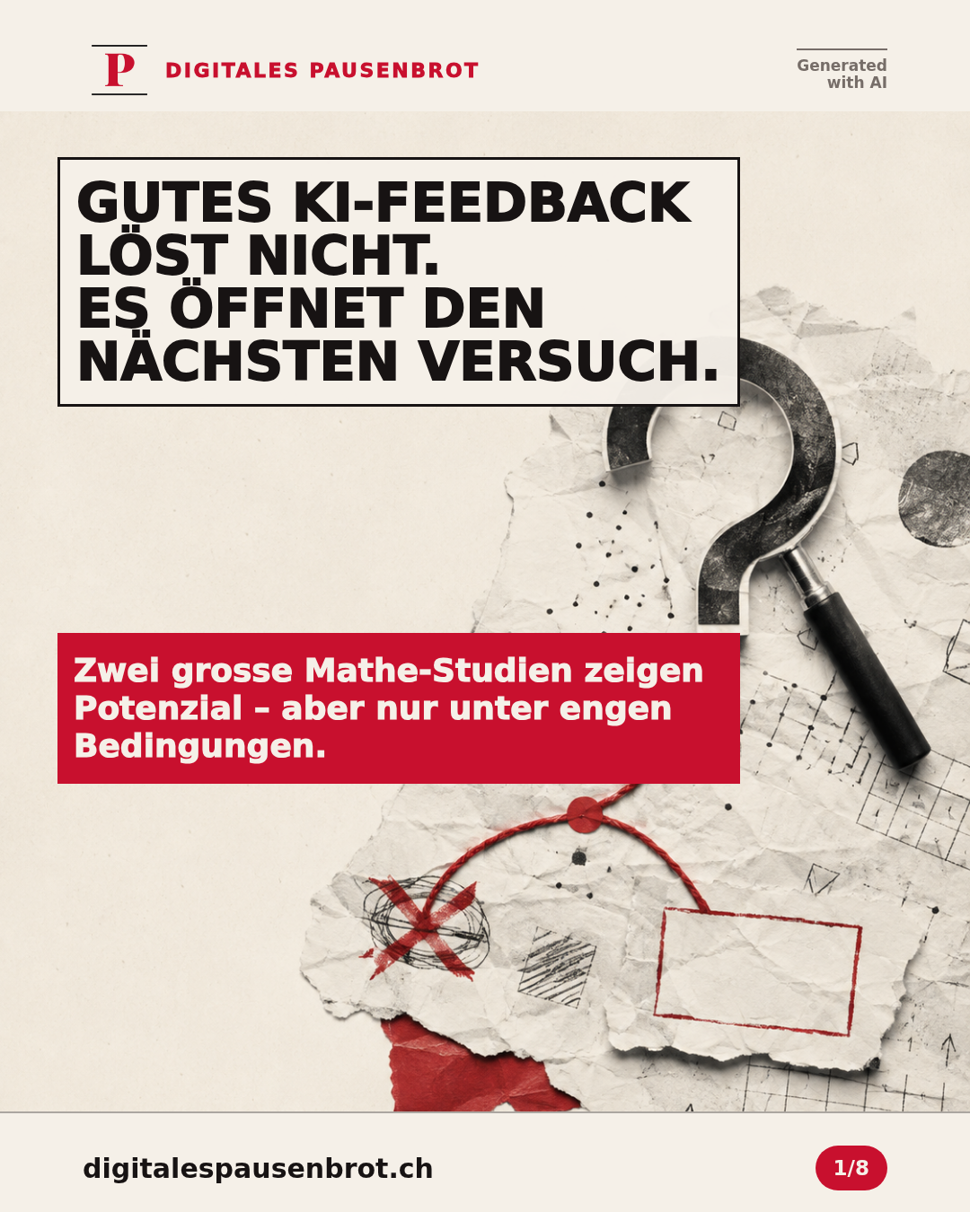 Gutes KI-Feedback löst nicht, sondern öffnet den nächsten Versuch; eine verzweigte rote Linie führt von einem falschen Rechenweg zu einem zweiten eigenen Versuch.
