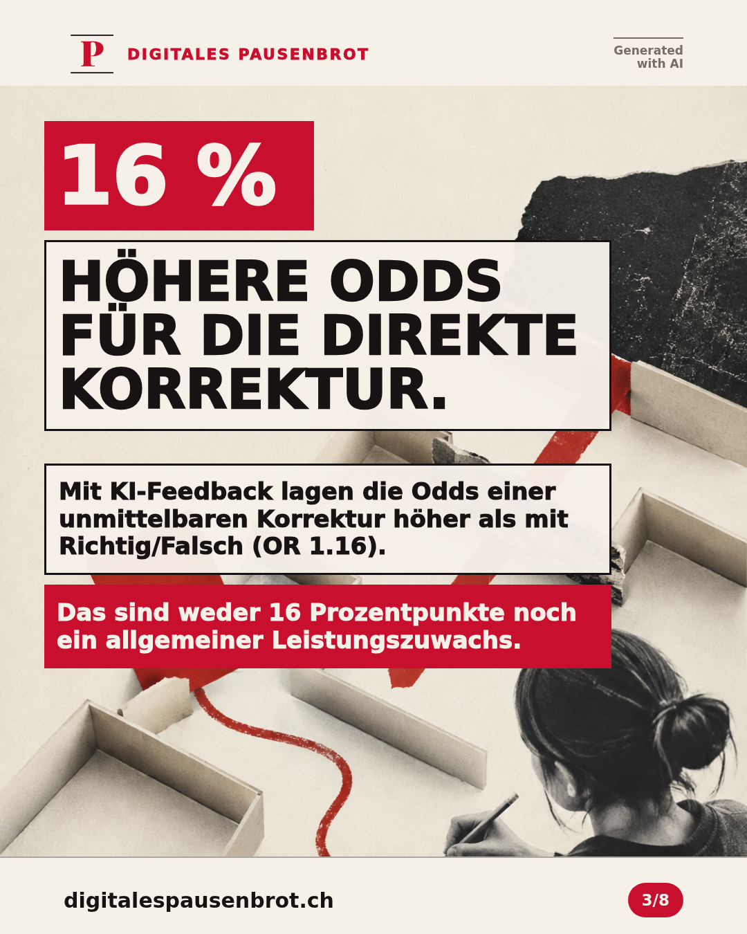 Mit KI-Feedback lagen die Odds einer unmittelbaren Korrektur höher als mit Richtig/Falsch-Feedback, Odds Ratio 1.16; dies sind weder 16 Prozentpunkte noch ein allgemeiner Leistungszuwachs.