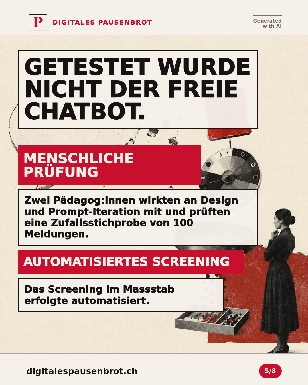 Getestet wurde kein freier Chatbot: Zwei Pädagog:innen wirkten an Design und Prompt-Iteration mit, prüften eine Zufallsstichprobe von 100 Meldungen und das Screening im Massstab erfolgte automatisiert.