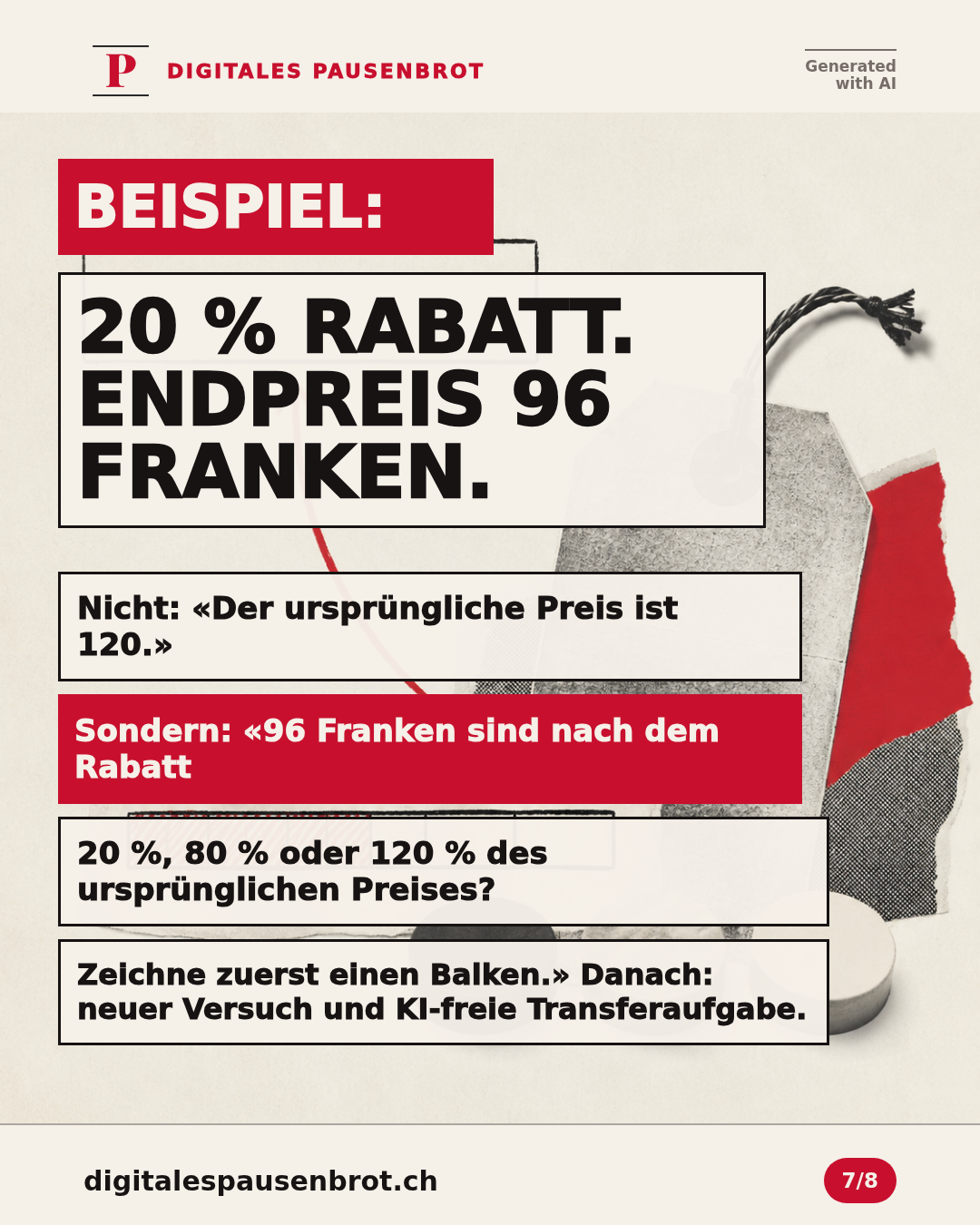 Beispiel zur Prozentrechnung: Nach 20 Prozent Rabatt kostet ein Velo 96 Franken; eine Denkfrage lenkt auf den Anteil des ursprünglichen Preises, danach folgt ein neuer Versuch und eine KI-freie Transferaufgabe.