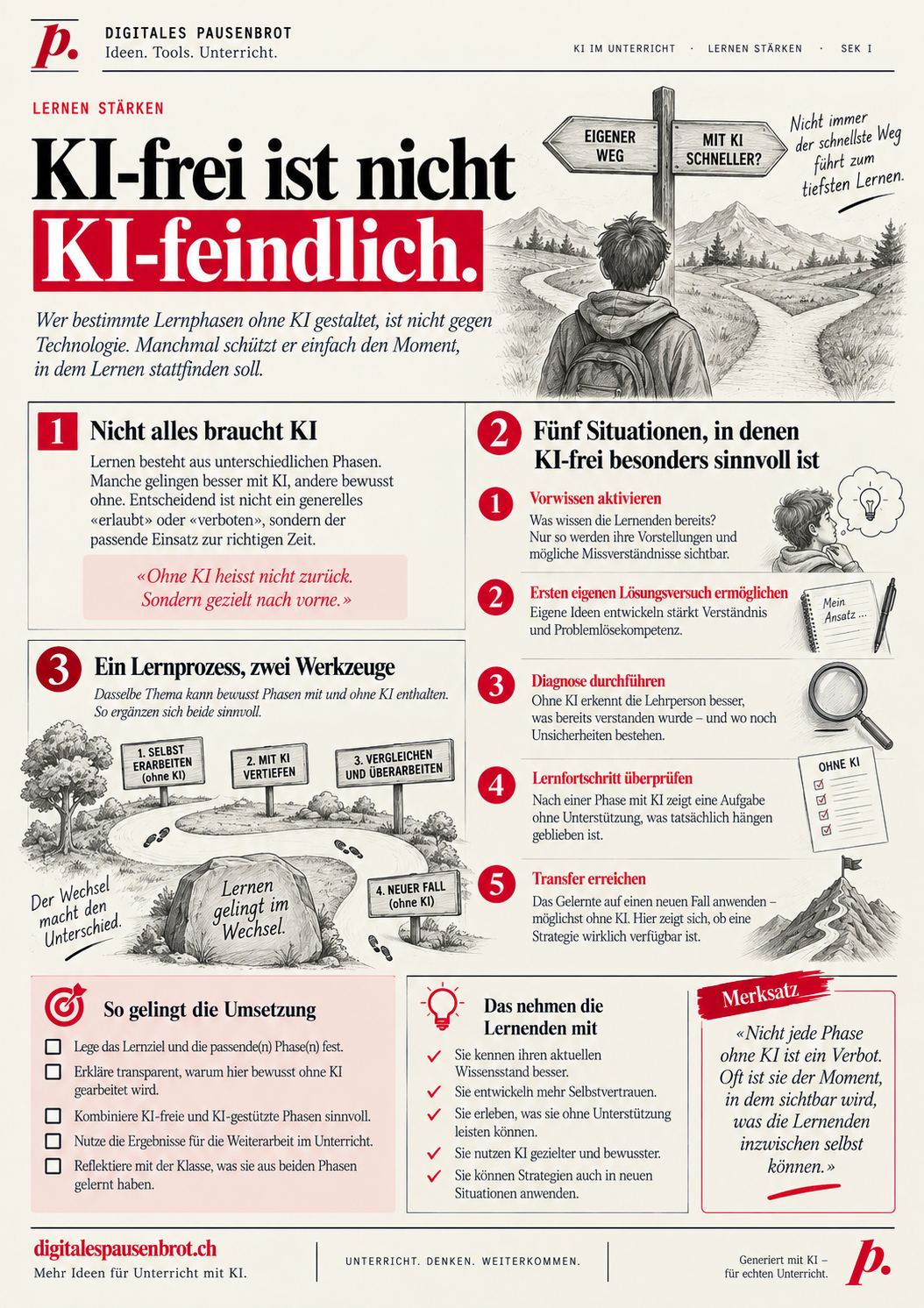 Infografik «KI-frei ist nicht KI-feindlich» mit fünf Situationen für KI-freie Phasen: Vorwissen aktivieren, erster eigener Lösungsversuch, Diagnose, Lernfortschritt überprüfen, Transfer.