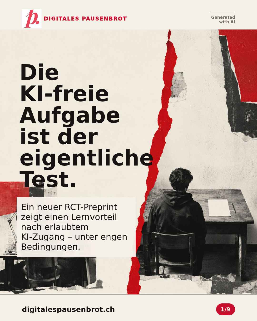 Die KI-freie Aufgabe ist der eigentliche Test; eine Lernphase mit KI-Fenster steht einer neuen Aufgabe ohne KI gegenüber.