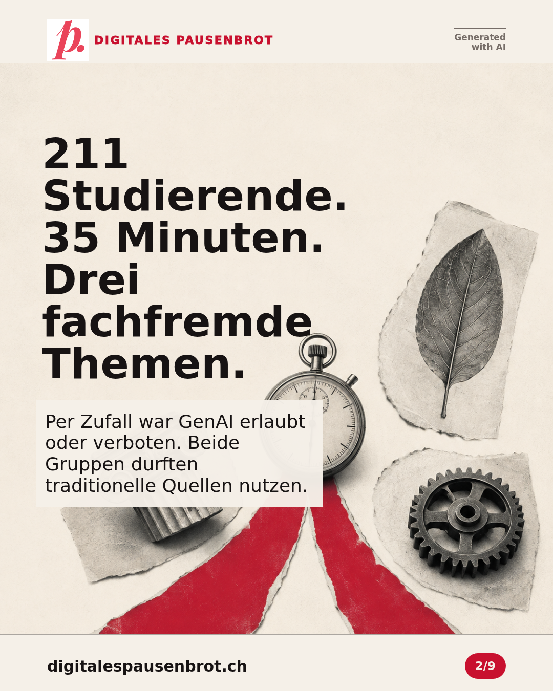 211 Studierende werden per Zufall zwei Bedingungen zugeteilt und arbeiten 35 Minuten an drei fachfremden Themen.