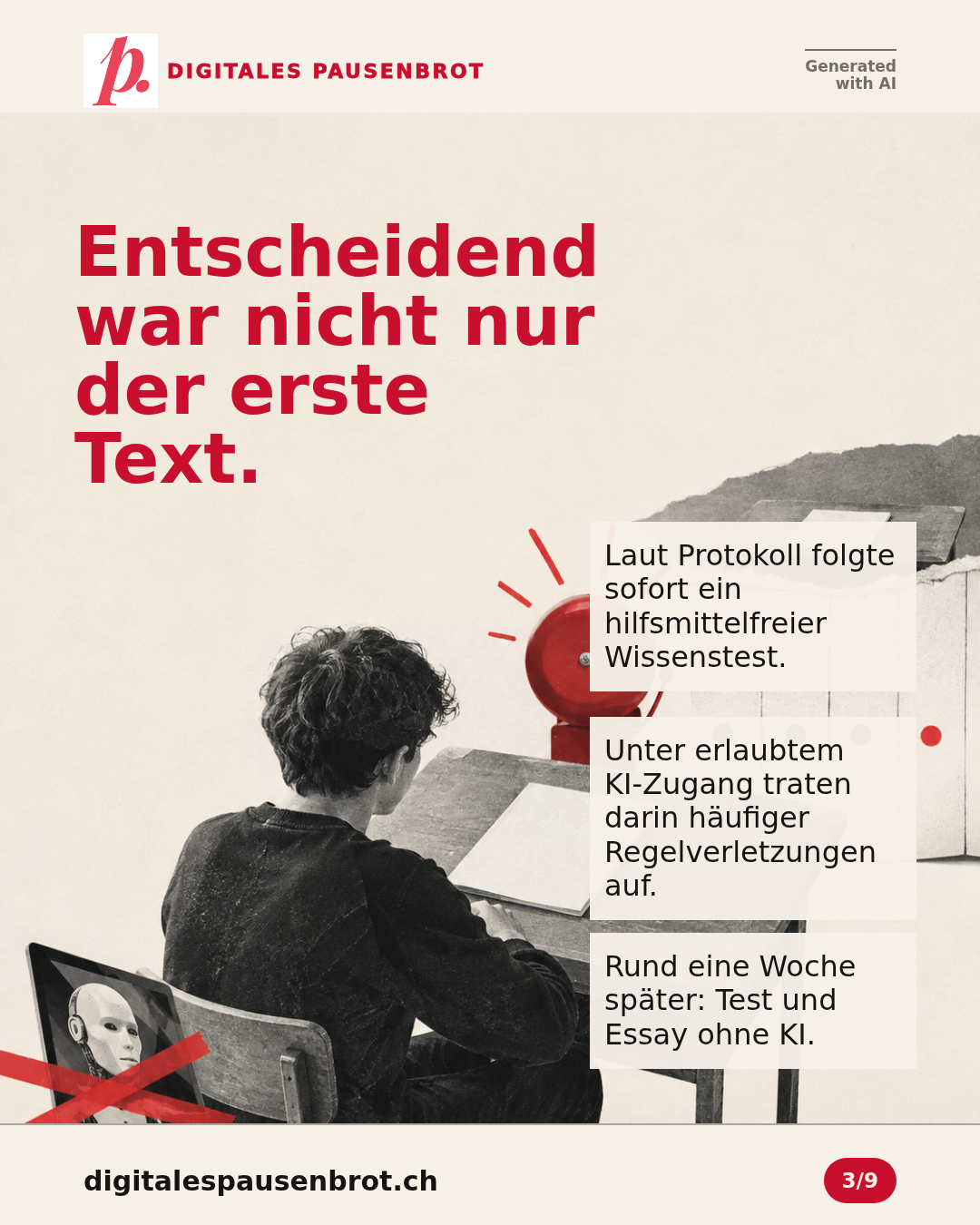 Zeitleiste mit Lernphase, laut Protokoll hilfsmittelfreiem Soforttest samt Integritätshinweis sowie späterem Test und Essay ohne KI.