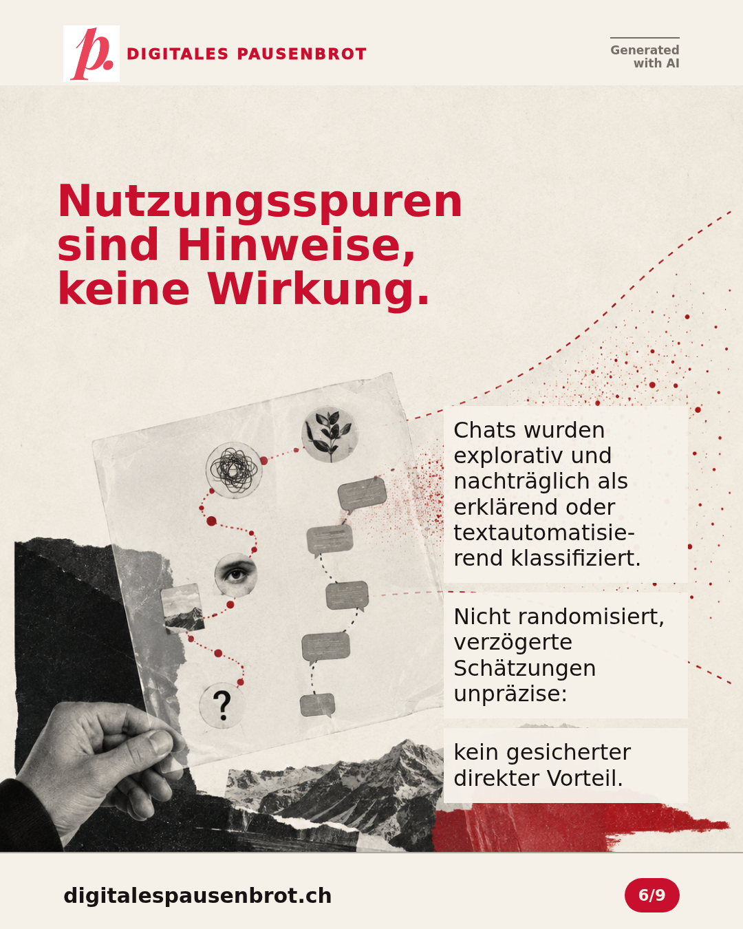 Zwei beobachtete Nutzungsspuren, erklärende Unterstützung und Textautomation, sind als explorative Post-hoc-Analyse mit Unsicherheit markiert.