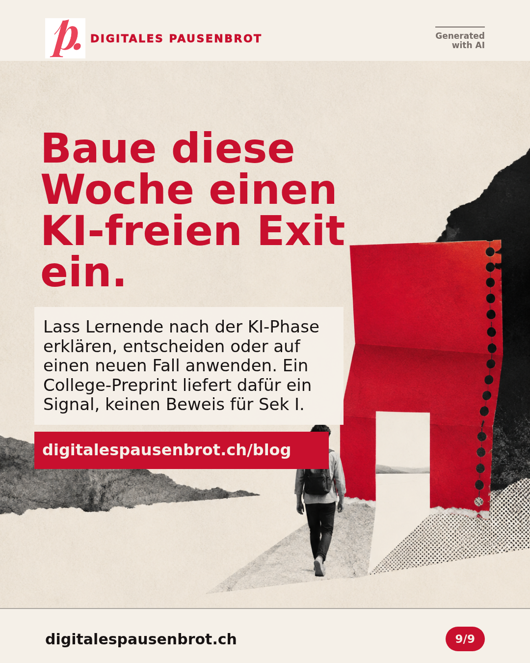 Eine Exit-Karte fordert dazu auf, nach der KI-Phase erklären, entscheiden oder auf einen neuen Fall anwenden zu lassen.