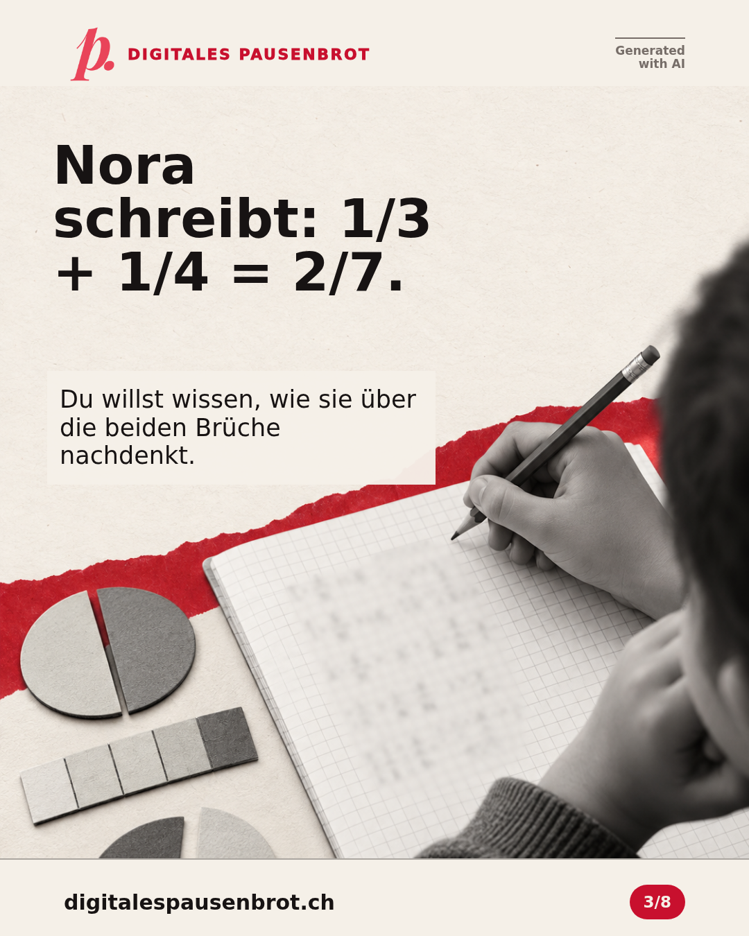 Nora schreibt 1/3 + 1/4 = 2/7. Die Lehrperson will verstehen, wie sie über die beiden Brüche nachdenkt.