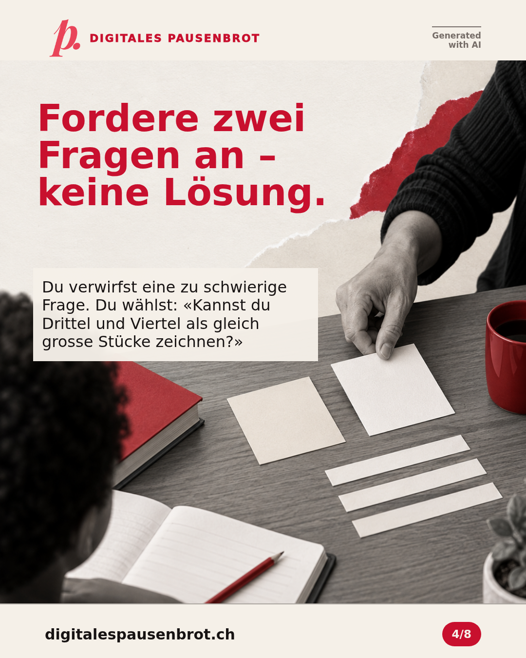 Fordere zwei Fragen an, keine Lösung. Eine zu schwierige Frage wird verworfen; ausgewählt wird die Frage, ob Drittel und Viertel als gleich grosse Stücke gezeichnet werden können.