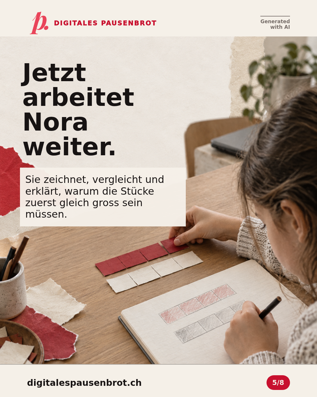 Nora arbeitet weiter: Sie zeichnet, vergleicht und erklärt, warum die Stücke zuerst gleich gross sein müssen.