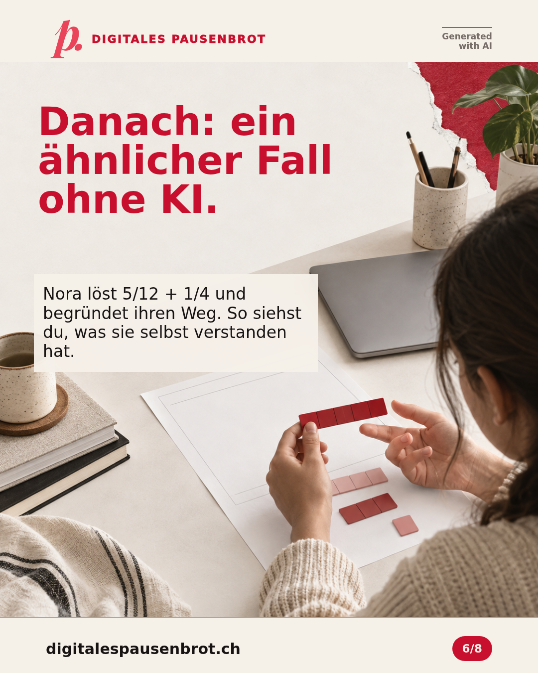 Danach löst Nora 5/12 + 1/4 ohne KI und begründet ihren Weg. Das zeigt, was sie selbst verstanden hat.
