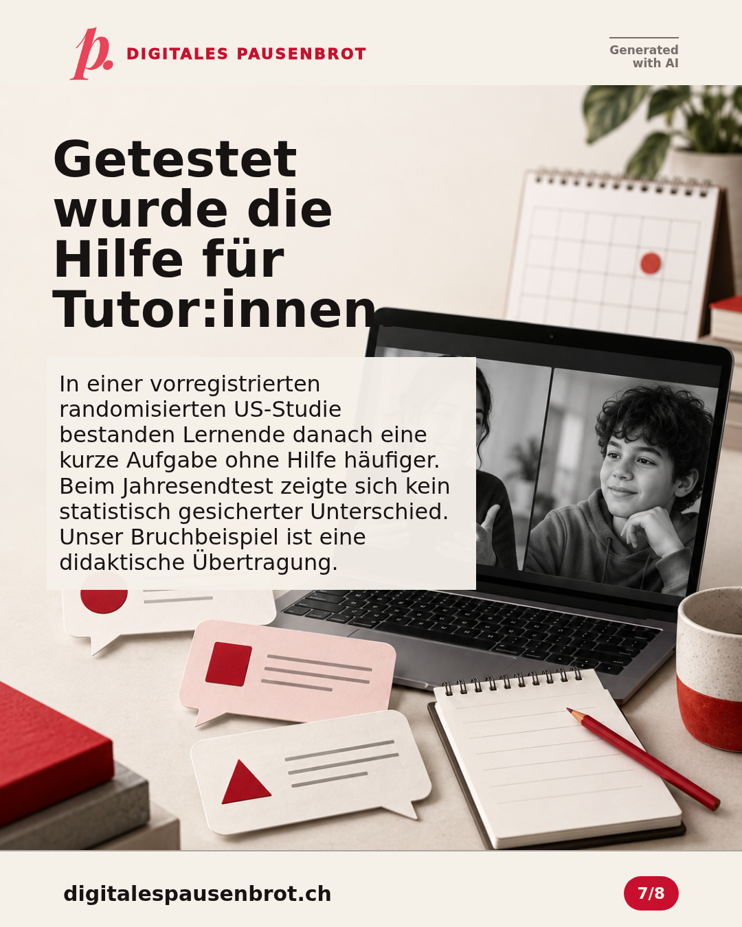 Getestet wurde die Hilfe für Tutor:innen: In einer vorregistrierten randomisierten US-Studie bestanden Lernende danach eine kurze Aufgabe ohne Hilfe häufiger; beim Jahresendtest zeigte sich kein statistisch gesicherter Unterschied. Das Bruchbeispiel ist eine didaktische Übertragung.