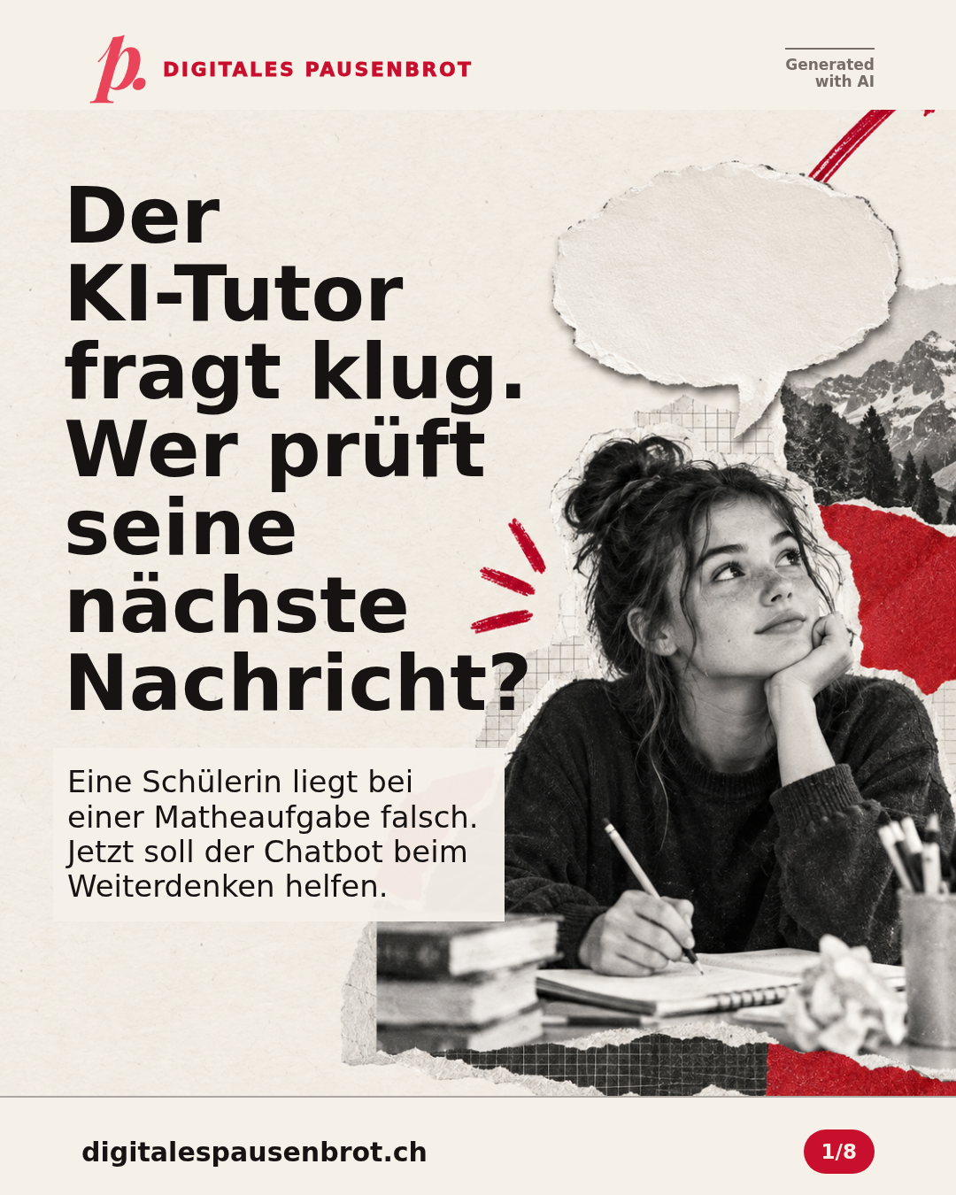 Der KI-Tutor fragt klug. Wer prüft seine nächste Nachricht? Eine Schülerin liegt bei einer Matheaufgabe falsch. Jetzt soll der Chatbot beim Weiterdenken helfen.