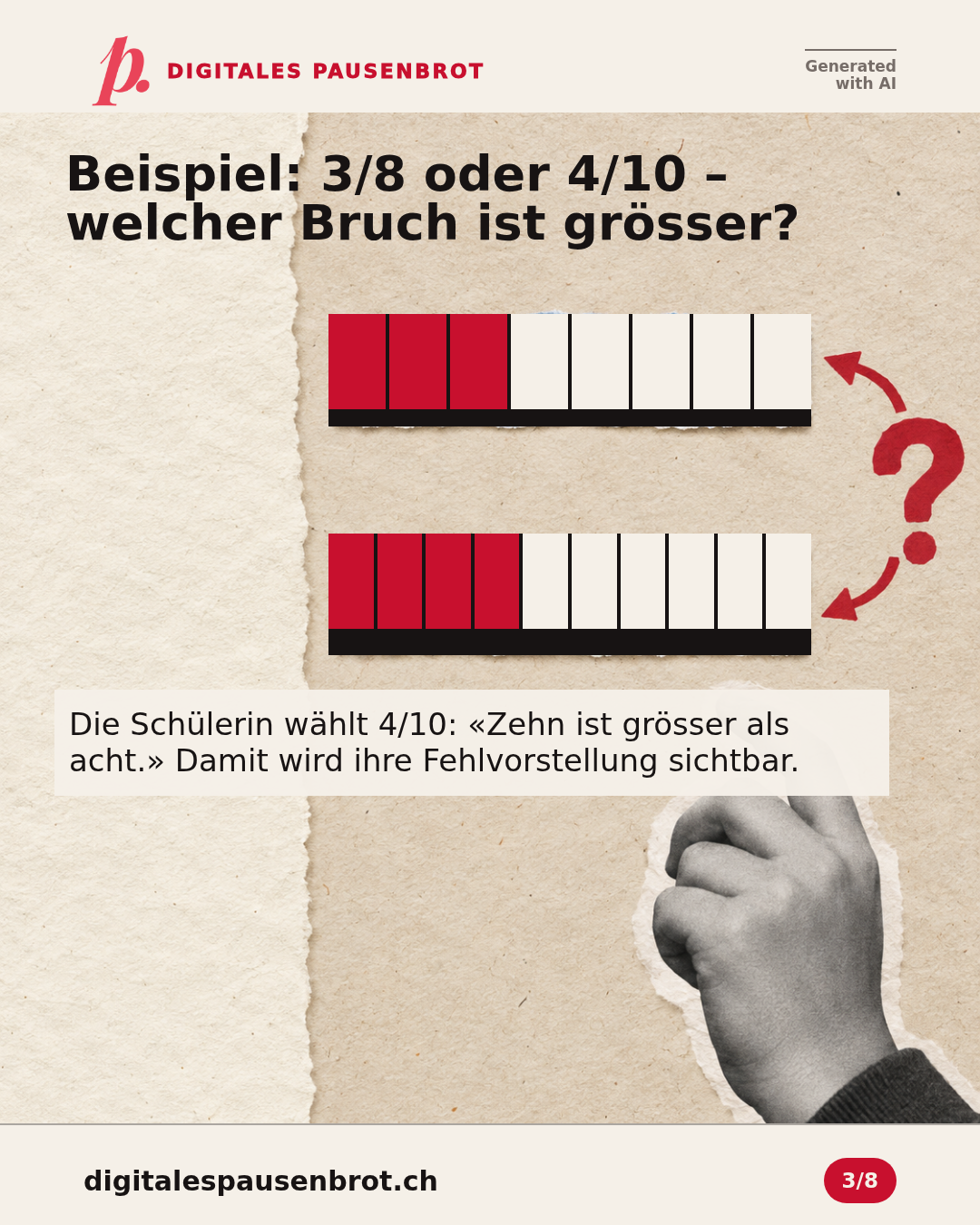 Beispiel: 3/8 oder 4/10 – welcher Bruch ist grösser? Die Schülerin wählt 4/10: «Zehn ist grösser als acht.» Damit wird ihre Fehlvorstellung sichtbar.