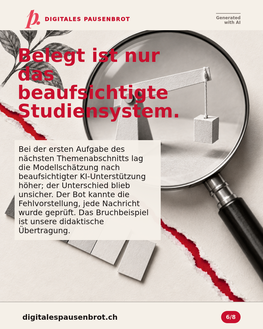 Belegt ist nur das beaufsichtigte Studiensystem. Bei der ersten Aufgabe des nächsten Themenabschnitts lag die Modellschätzung nach beaufsichtigter KI-Unterstützung höher; der Unterschied blieb unsicher. Der Bot kannte die Fehlvorstellung, jede Nachricht wurde geprüft. Das Bruchbeispiel ist unsere didaktische Übertragung.