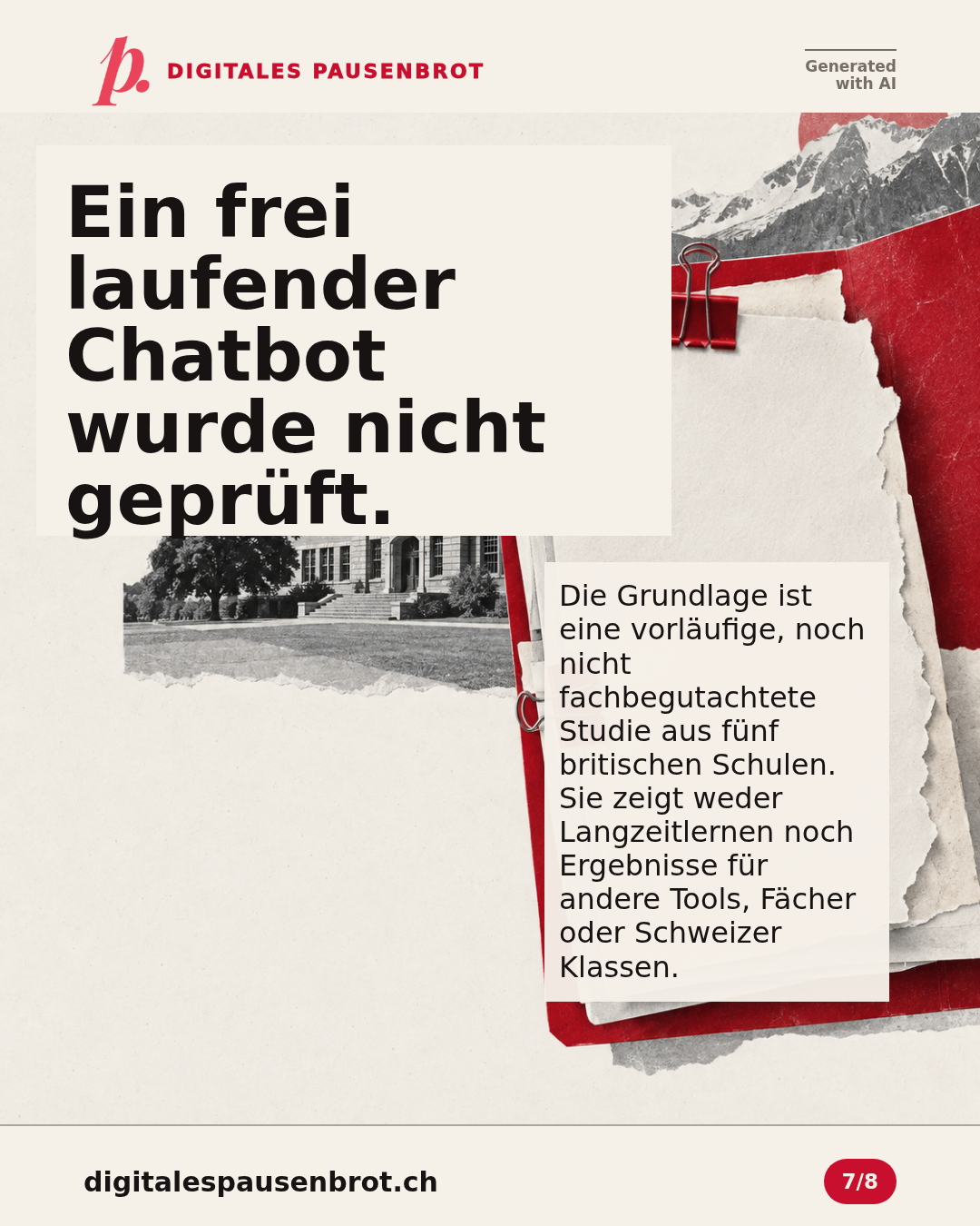 Ein frei laufender Chatbot wurde nicht geprüft. Die Grundlage ist eine vorläufige, noch nicht fachbegutachtete Studie aus fünf britischen Schulen. Sie zeigt weder Langzeitlernen noch Ergebnisse für andere Tools, Fächer oder Schweizer Klassen.