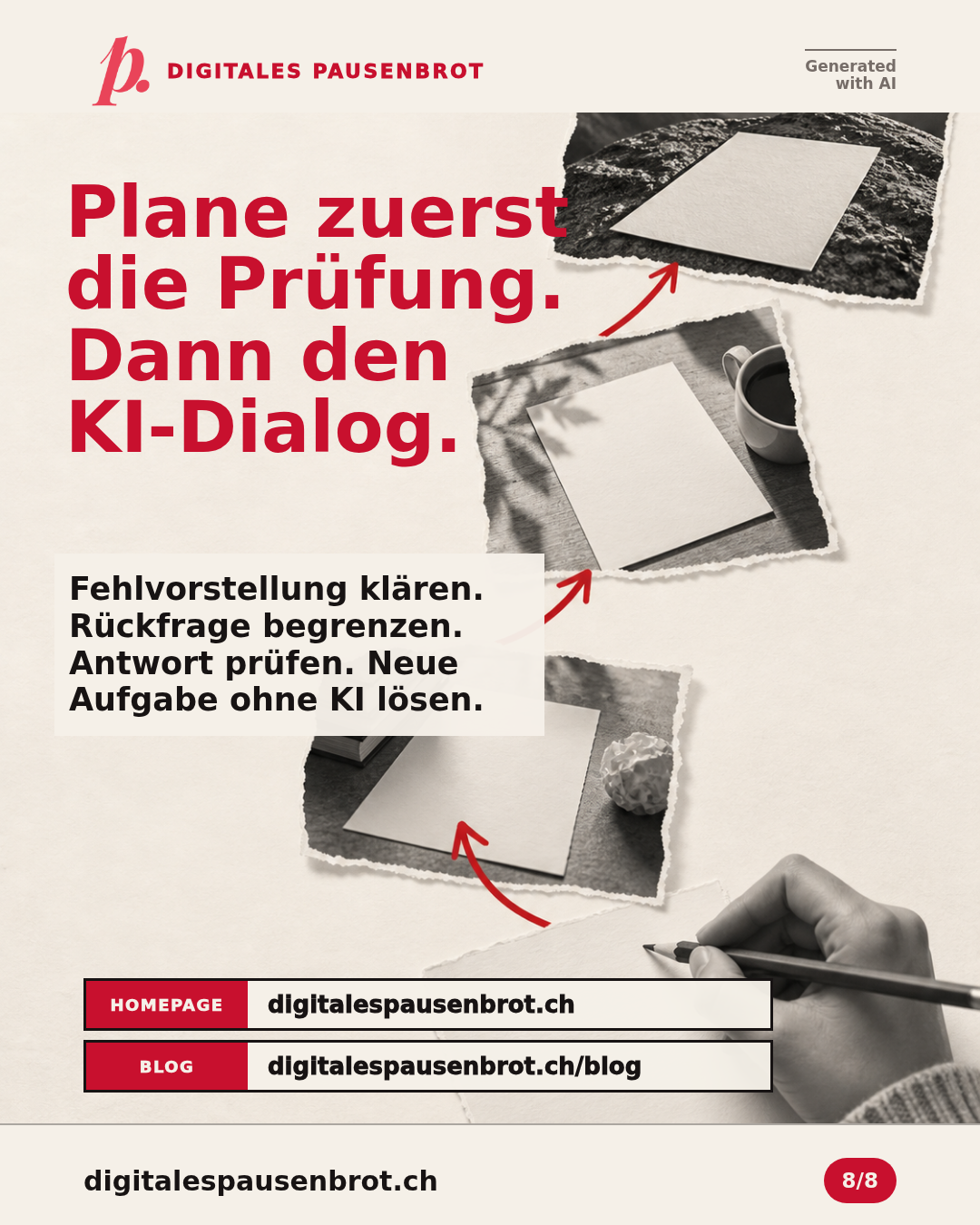 Plane zuerst die Prüfung. Dann den KI-Dialog. Fehlvorstellung klären. Rückfrage begrenzen. Antwort prüfen. Neue Aufgabe ohne KI lösen. Vertiefung: digitalespausenbrot.ch/blog · digitalespausenbrot.ch