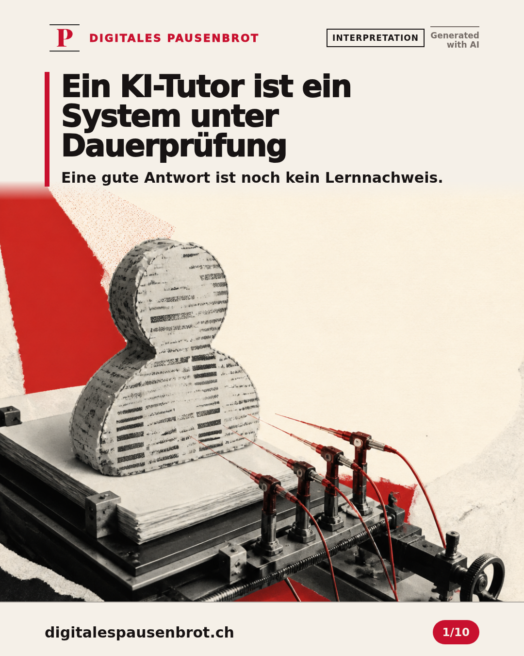 Das Wort Tutor steht auf einem Prüfstand; fünf Messfühler zeigen, dass mehrere Qualitätsdimensionen getrennt geprüft werden müssen.