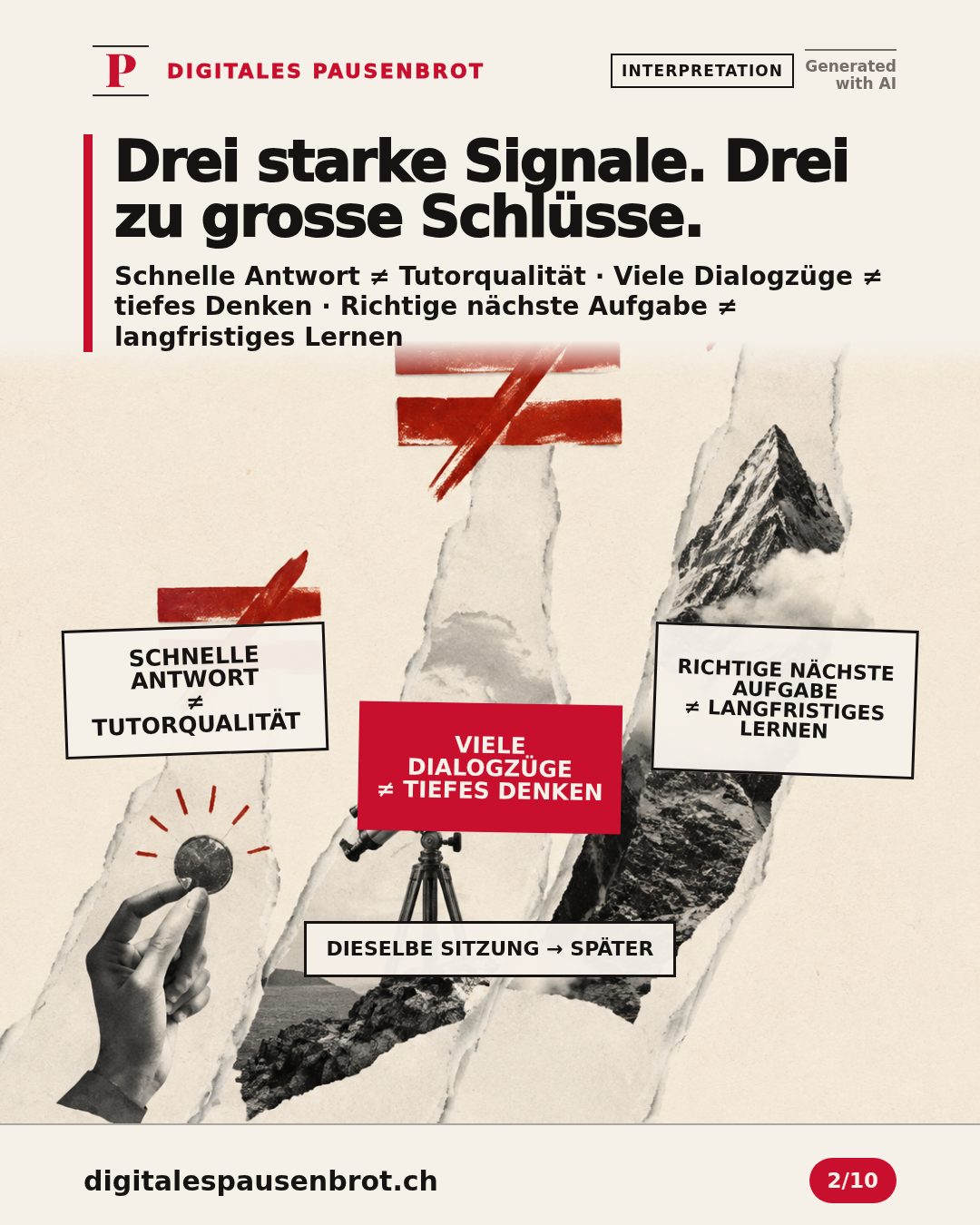 Schnelle Antworten, viele Dialogzüge und eine richtige nächste Aufgabe werden von Tutorqualität, tiefem Denken und langfristigem Lernen abgegrenzt.