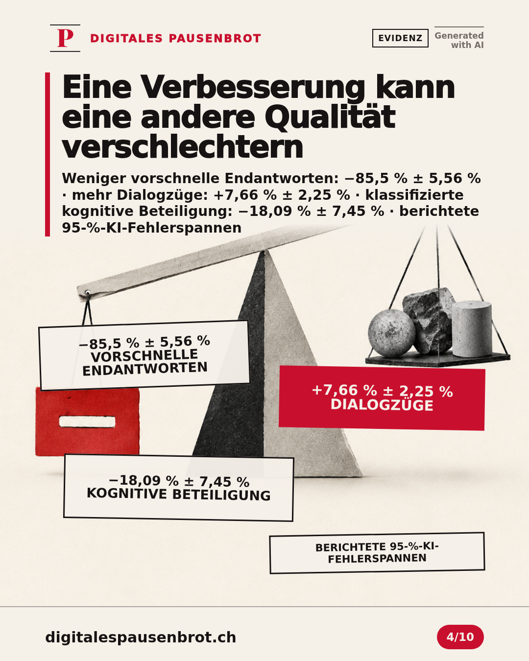 In einem Experiment sank die Preisgabe von Endantworten um 85,5 % ± 5,56 %, die Zahl der Dialogzüge stieg um 7,66 % ± 2,25 %, und die klassifizierte kognitive Beteiligung sank um 18,09 % ± 7,45 %; angegeben sind die berichteten Fehlerspannen der 95-%-Konfidenzintervalle.