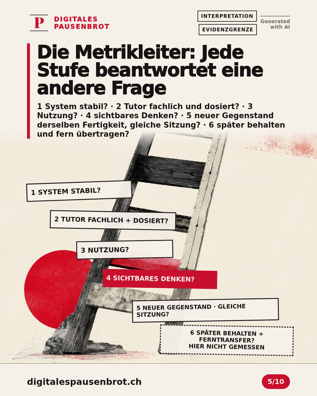 Eine sechsstufige Metrikleiter trennt Systemfunktion, Tutorverhalten, Nutzung, sichtbares Denken, kurzfristigen Nahtransfer und nicht gemessenes späteres Behalten oder Ferntransfer.