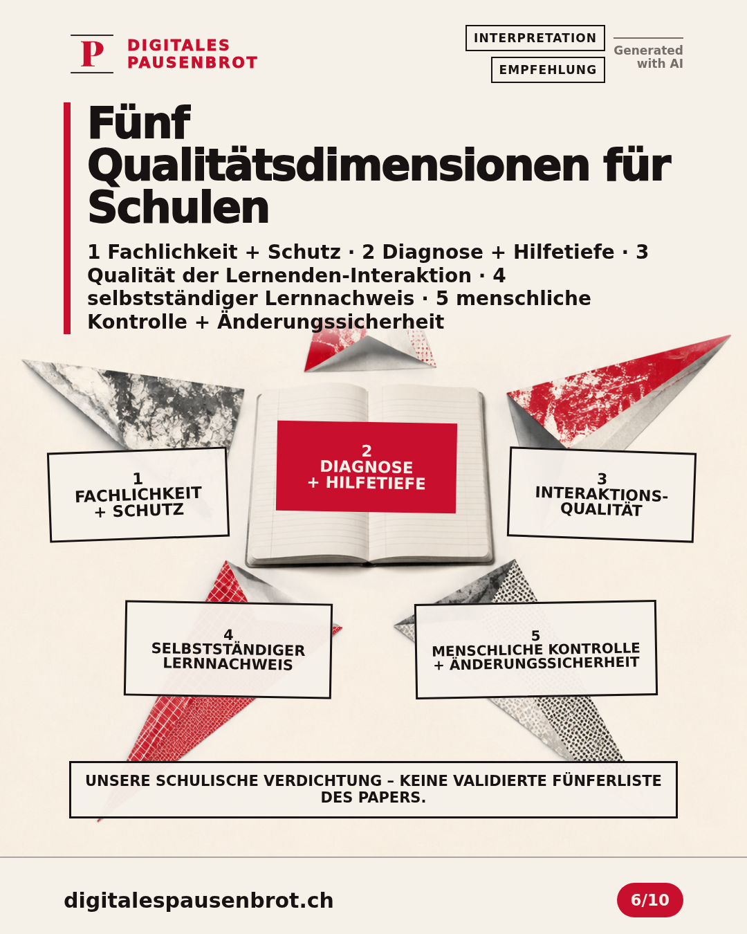 Fünf gleich gewichtete Dimensionen verbinden Fachlichkeit, Hilfetiefe, Interaktionsqualität, unabhängigen Lernnachweis und menschliche Änderungskontrolle.