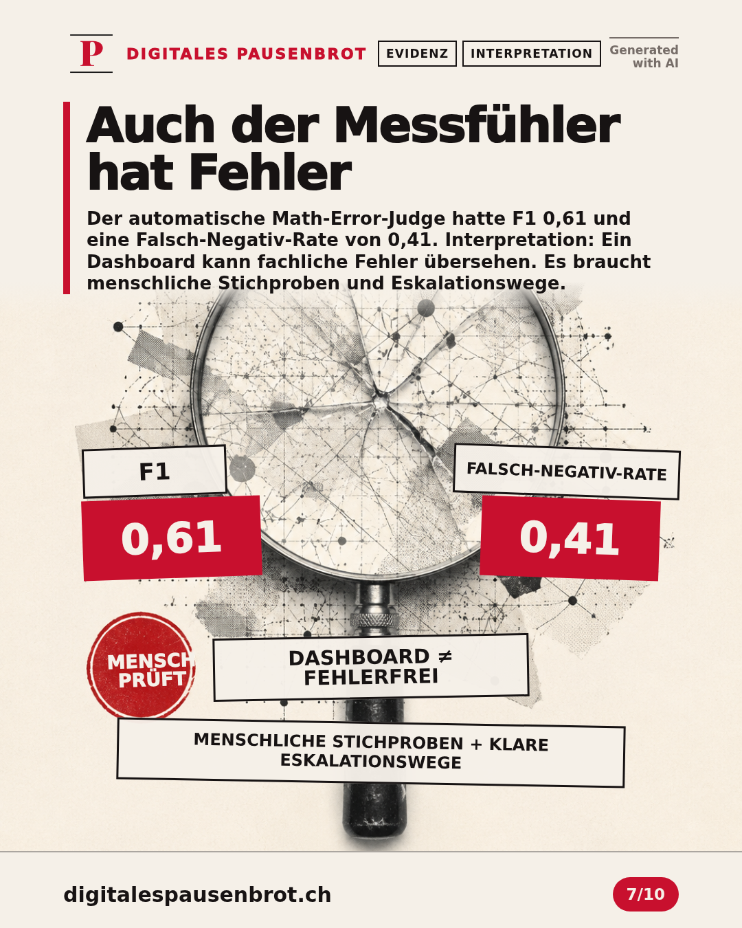 Ein automatischer Prüffilter übersieht gemäss berichteter Falsch-Negativ-Rate einen relevanten Anteil mathematischer Fehler; menschliche Stichproben ergänzen ihn.