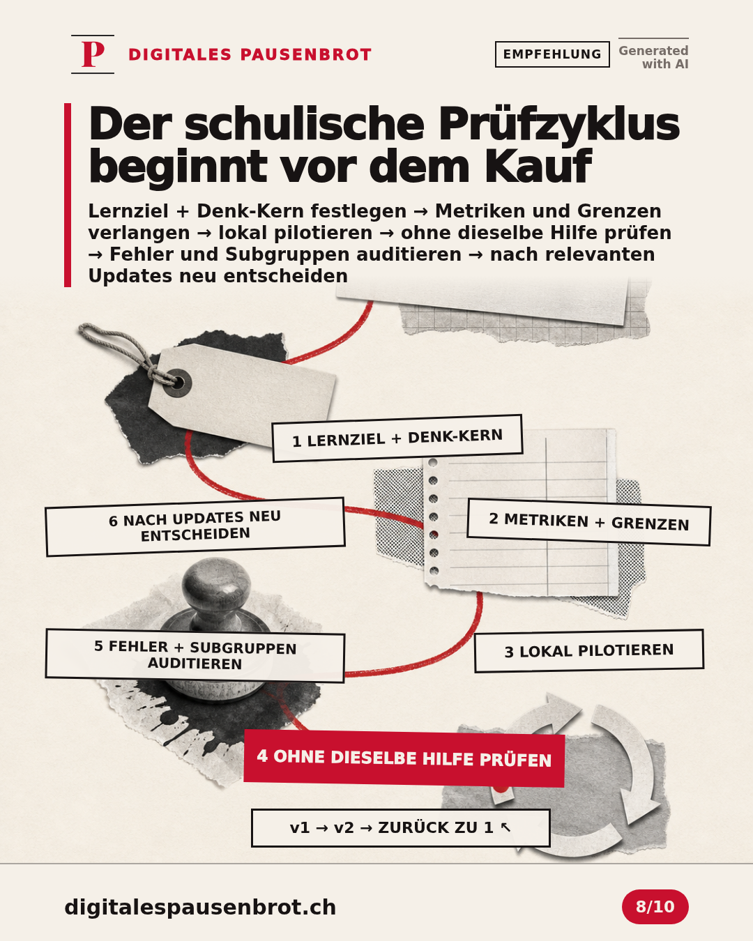 Ein schulischer Prüfzyklus führt vom Lernziel über Metriken und Pilot zum unabhängigen Nachweis, Audit und erneuten Entscheid nach Updates.