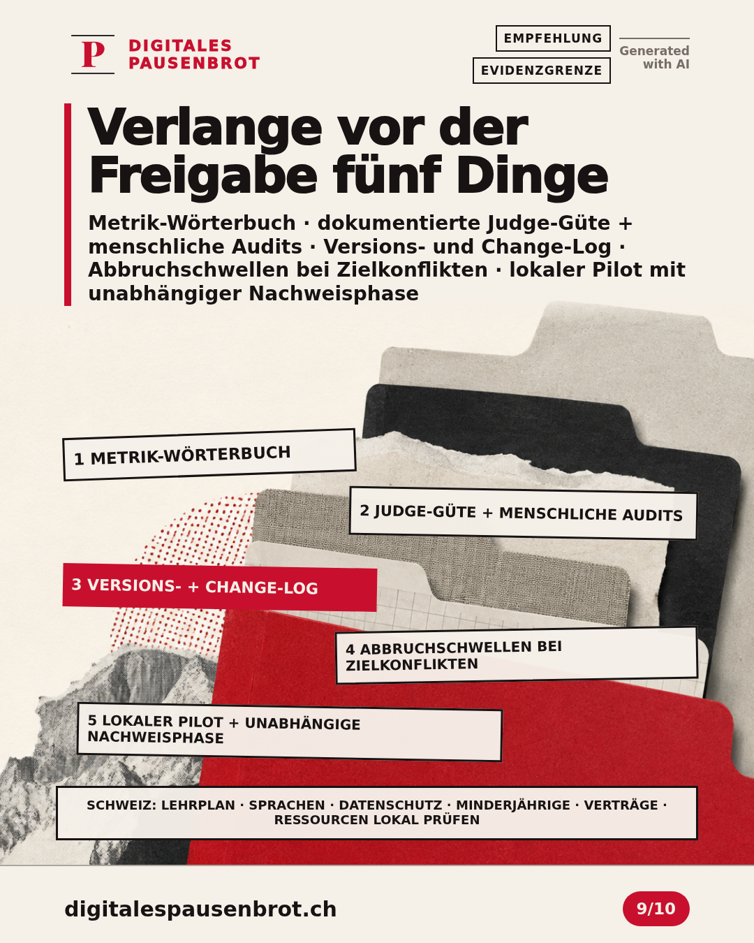 Fünf Beschaffungsanforderungen decken Metriken, Prüfergüte, Versionen, Abbruchregeln und einen lokalen Pilot mit unabhängiger Nachweisphase ab.