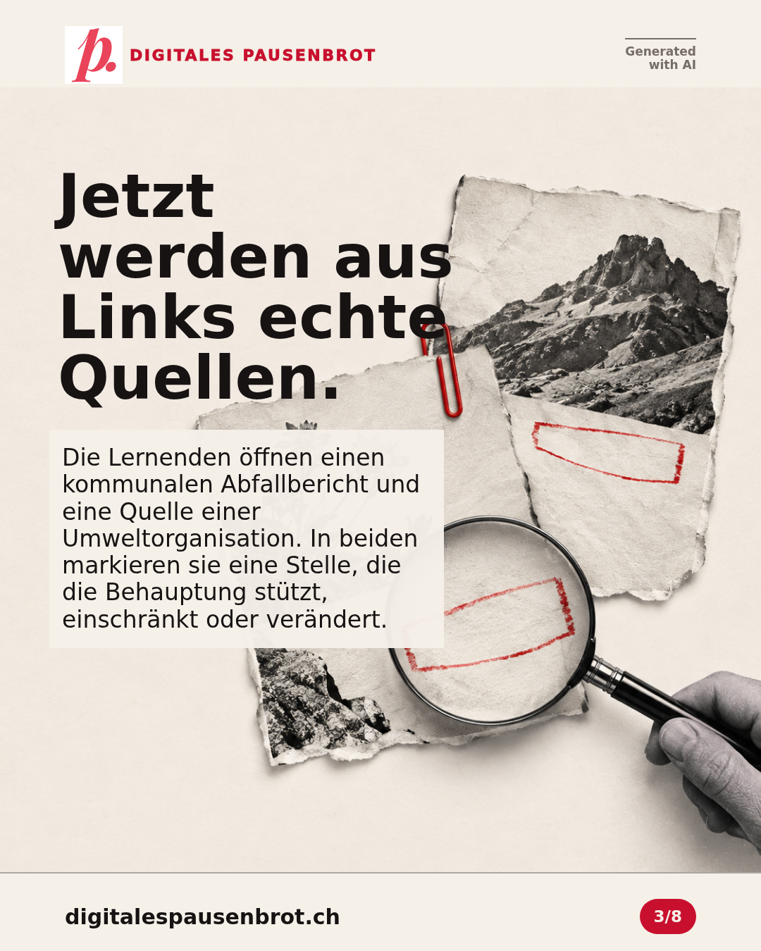 Jetzt werden aus Links echte Quellen. Die Lernenden öffnen einen kommunalen Abfallbericht und eine Quelle einer Umweltorganisation. In beiden markieren sie eine Stelle, die die Behauptung stützt, einschränkt oder verändert.