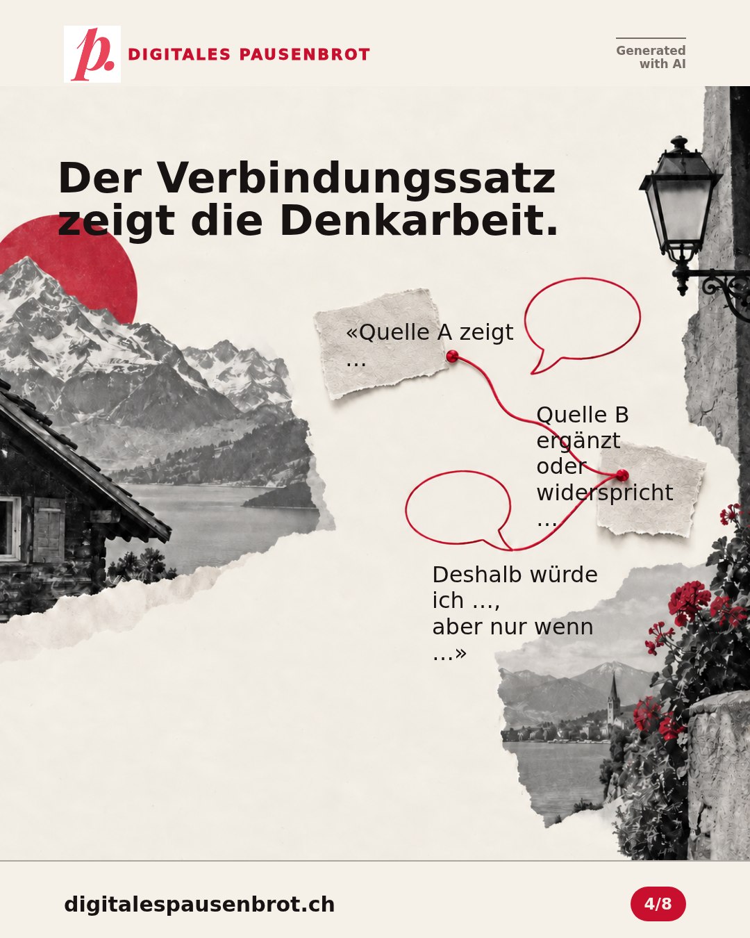 Der Verbindungssatz zeigt die Denkarbeit. «Quelle A zeigt … Quelle B ergänzt oder widerspricht … Deshalb würde ich …, aber nur wenn …»