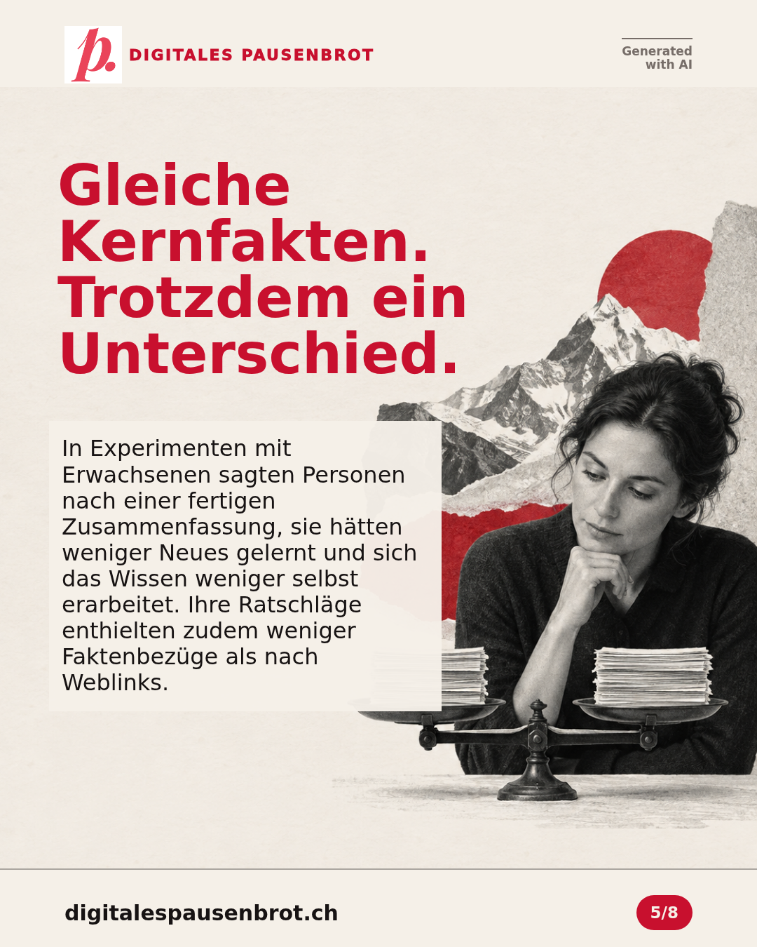 Gleiche Kernfakten. Trotzdem ein Unterschied. In Experimenten mit Erwachsenen sagten Personen nach einer fertigen Zusammenfassung, sie hätten weniger Neues gelernt und sich das Wissen weniger selbst erarbeitet. Ihre Ratschläge enthielten zudem weniger Faktenbezüge als nach Weblinks.