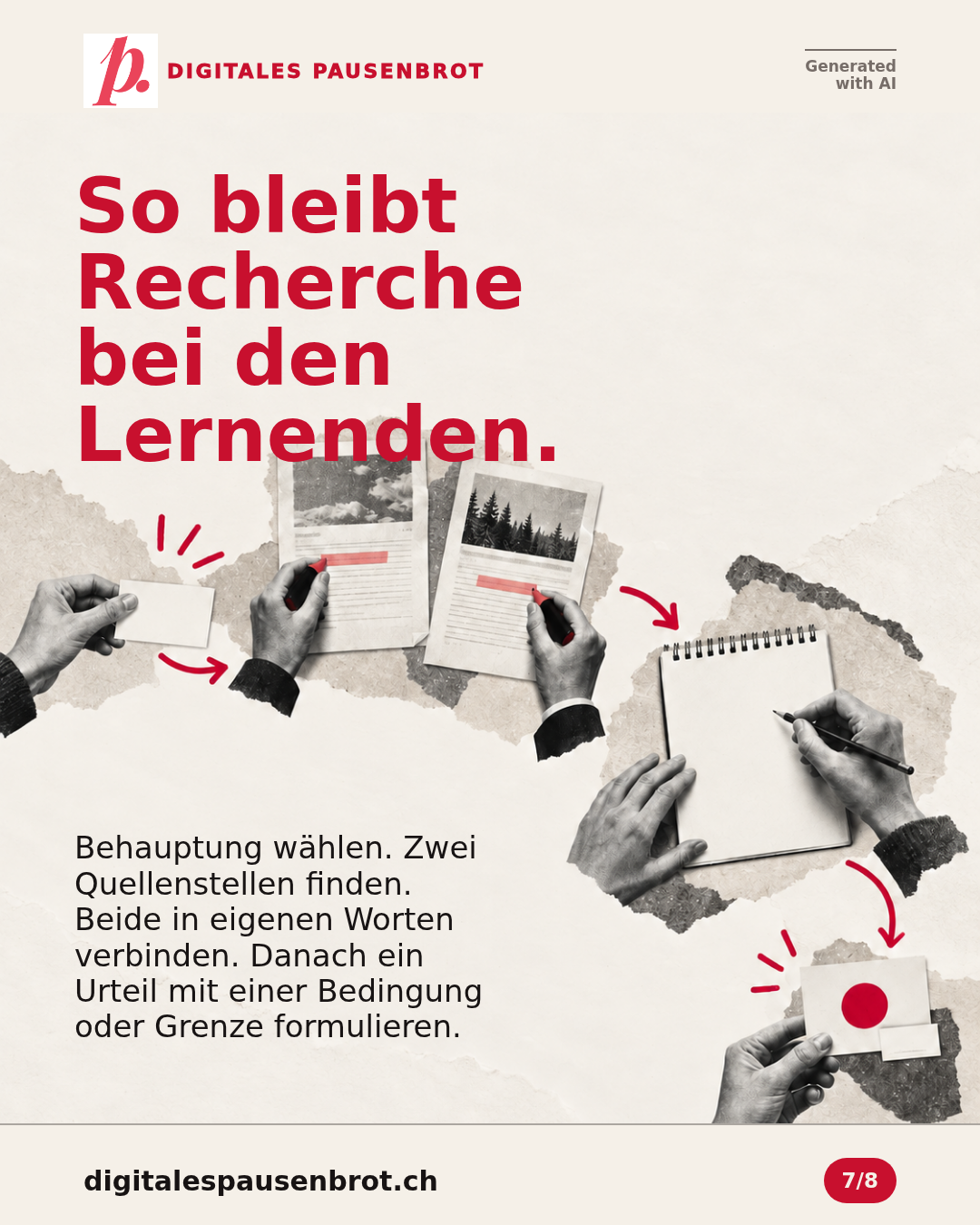 So bleibt Recherche bei den Lernenden. Behauptung wählen. Zwei Quellenstellen finden. Beide in eigenen Worten verbinden. Danach ein Urteil mit einer Bedingung oder Grenze formulieren.