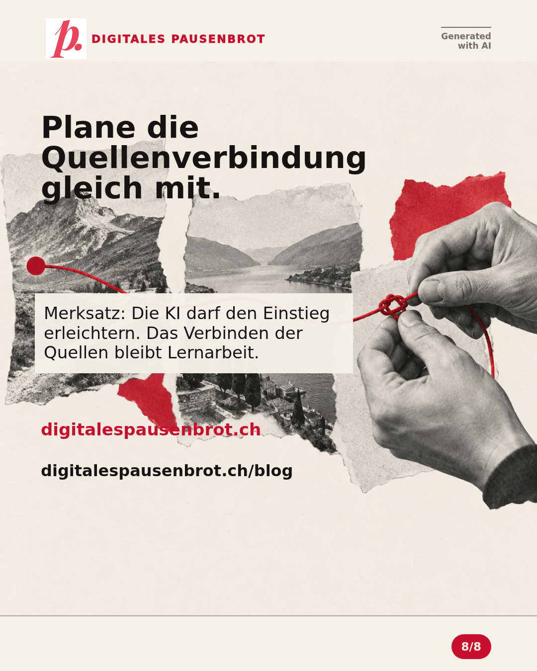 Plane die Quellenverbindung gleich mit. Merksatz: Die KI darf den Einstieg erleichtern. Das Verbinden der Quellen bleibt Lernarbeit. Vertiefung auf digitalespausenbrot.ch und digitalespausenbrot.ch/blog