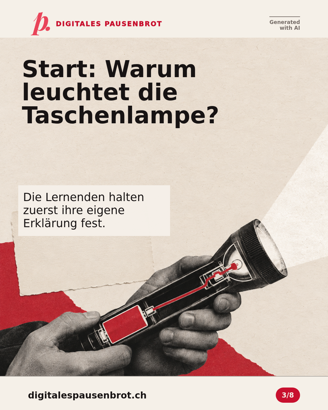 Start: Warum leuchtet die Taschenlampe? Die Lernenden halten zuerst ihre eigene Erklärung fest.