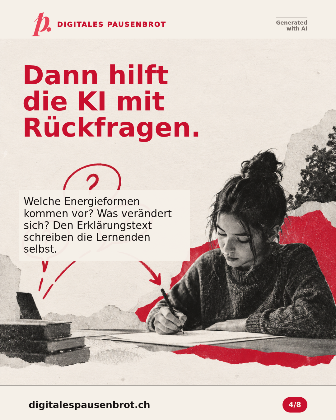 Dann hilft die KI mit Rückfragen. Welche Energieformen kommen vor? Was verändert sich? Den Erklärungstext schreiben die Lernenden selbst.