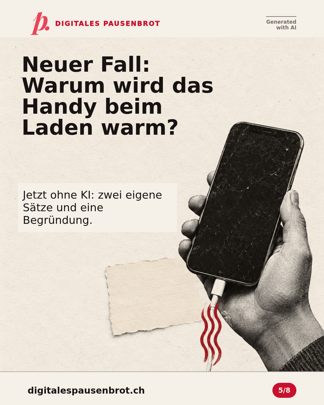 Neuer Fall: Warum wird das Handy beim Laden warm? Jetzt ohne KI: zwei eigene Sätze und eine Begründung.