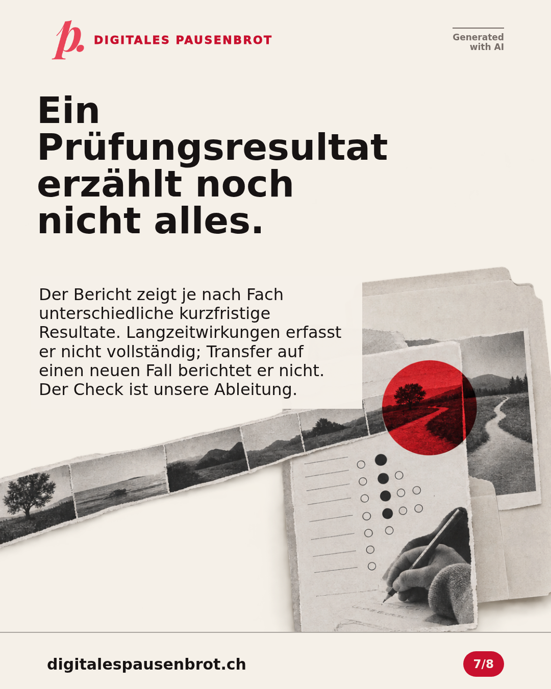 Ein Prüfungsresultat erzählt noch nicht alles. Der Bericht zeigt je nach Fach unterschiedliche kurzfristige Resultate. Langzeitwirkungen erfasst er nicht vollständig; Transfer auf einen neuen Fall berichtet er nicht. Der Check ist unsere Ableitung.