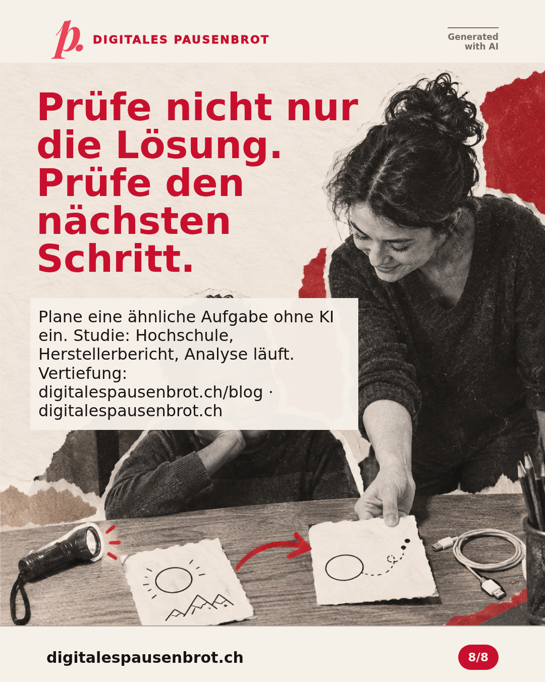 Prüfe nicht nur die Lösung. Prüfe den nächsten Schritt. Plane eine ähnliche Aufgabe ohne KI ein. Studie: Hochschule, Herstellerbericht, Analyse läuft. Vertiefung: digitalespausenbrot.ch/blog · digitalespausenbrot.ch