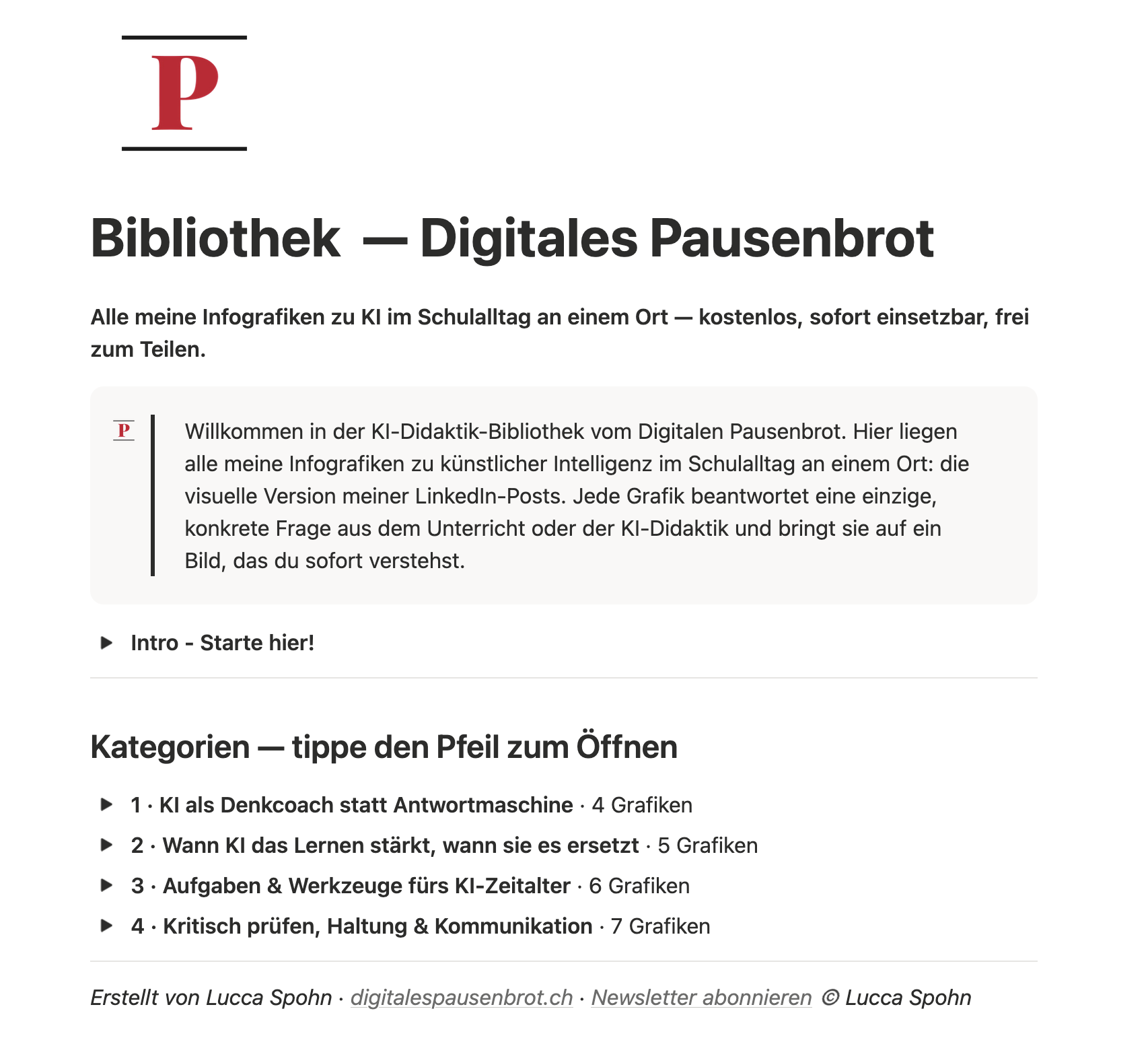 Vorschau der Notion-Bibliothek: Begrüßung, Intro und vier Kategorien von Infografiken zu KI im Schulalltag.